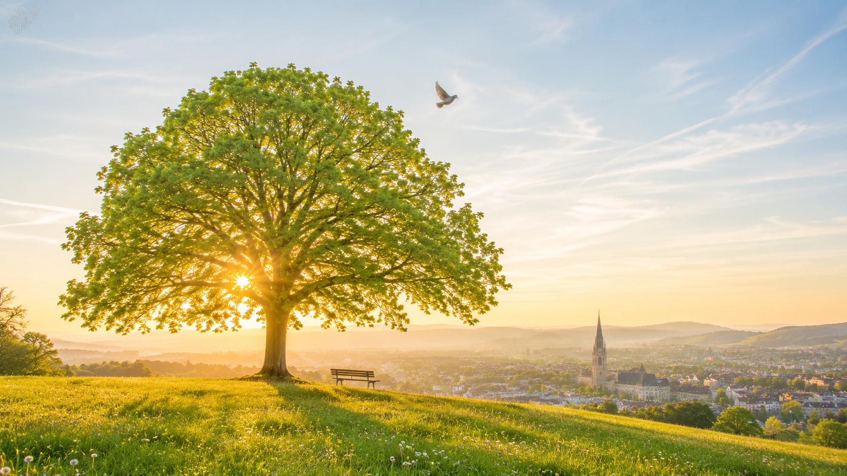 Lone tree on a hill overlooking Bern, a dove in the sky